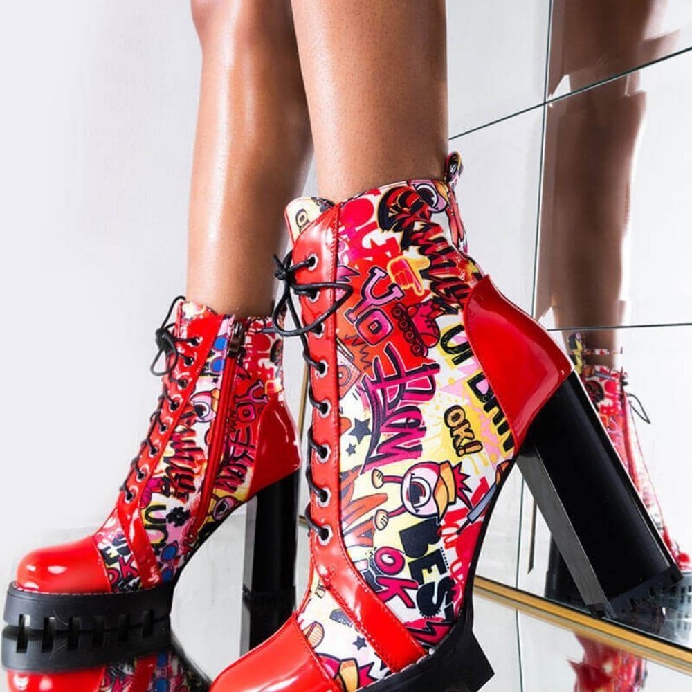 AZALEA WANG "RED CRUSH GRAFFITI" CHUNKY HEEL BOOTIE IN RED BRAND NEW!!!!